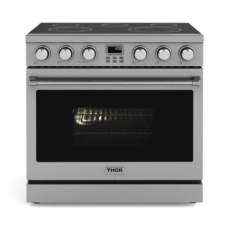 THOR Range 36-Inch Professional Electric Range with stainless steel finish, high-powered elements, 6.0 cu. ft. oven, and convection fan for pro-level cooking, closed front side, ARE36