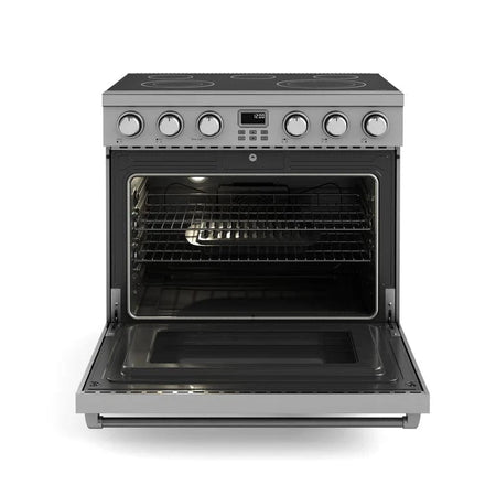 Open view of the THOR Range 36-Inch Professional Electric Range with stainless steel finish, high-powered elements, 6.0 cu. ft. oven, and convection fan for pro-level cooking, ARE36