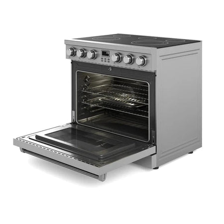 Open right side view of the THOR Range 36-Inch Professional Electric Range with stainless steel finish, high-powered elements, 6.0 cu. ft. oven, and convection fan for pro-level cooking, ARE36
