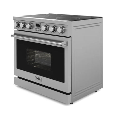 Right side view of the THOR Range 36-Inch Professional Electric Range with stainless steel finish, high-powered elements, 6.0 cu. ft. oven, and convection fan for pro-level cooking, ARE36