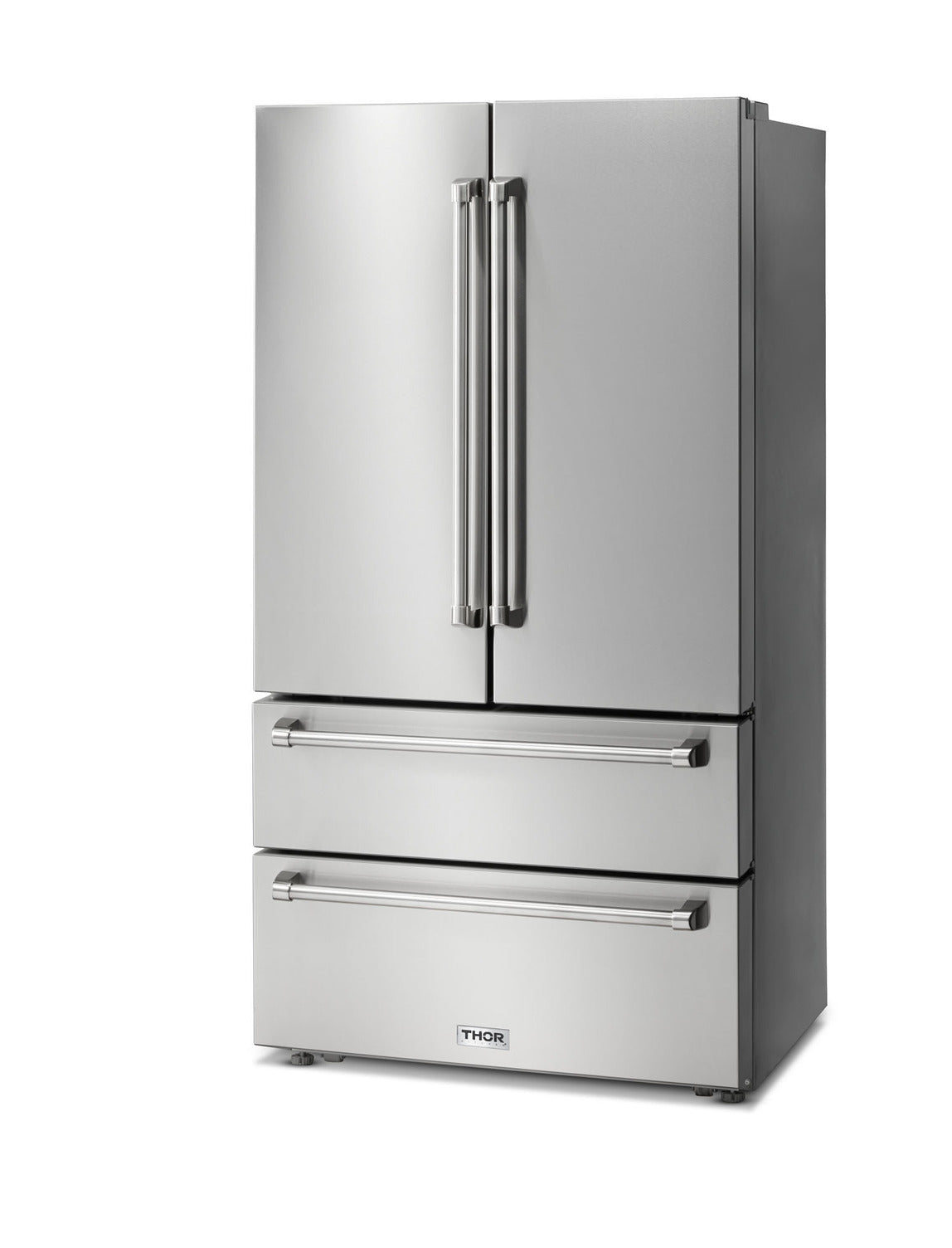 Thor Refrigerator 36-Inch Professional French Door with Dual Freezer Drawers, 22.5 cu. ft. Stainless Steel, TRF3602 – Ample storage, fingerprint-resistant, and modern design, closed side view