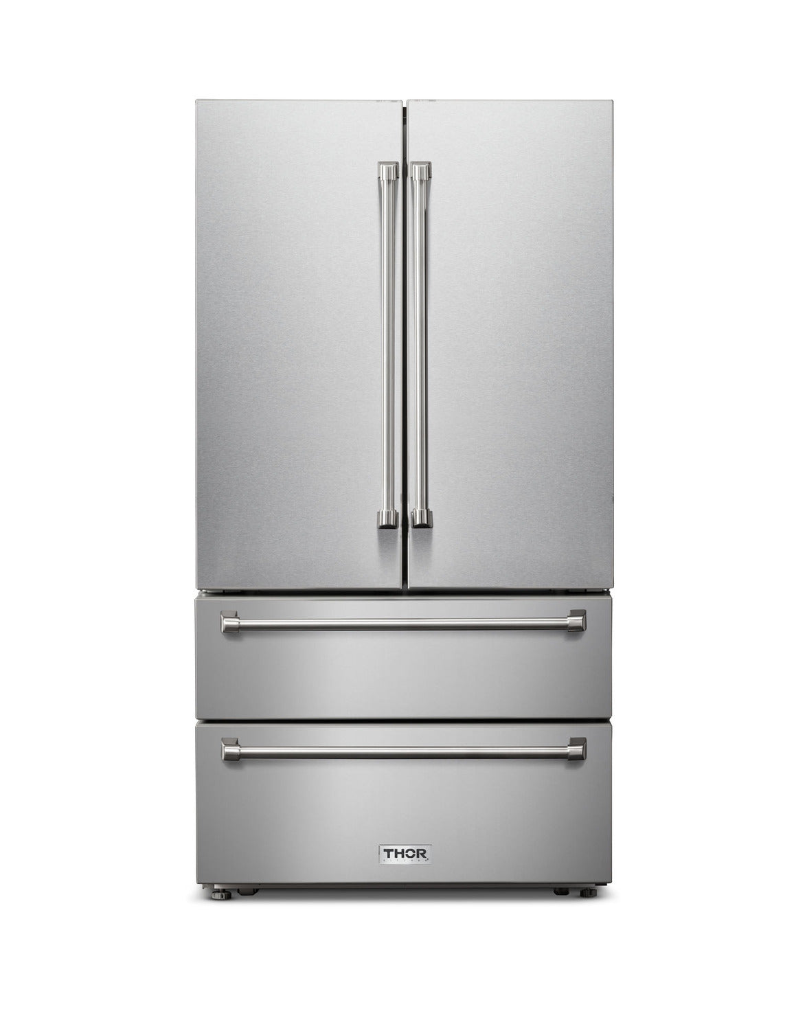 Thor Refrigerator 36-Inch Professional French Door with Dual Freezer Drawers, 22.5 cu. ft. Stainless Steel, TRF3602 – Ample storage, fingerprint-resistant, and modern design, front closed view 