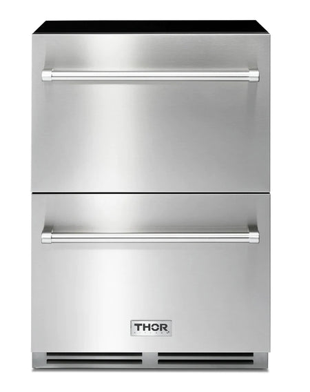 THOR Refrigerator Drawer 24-Inch TRF24U, built-in double drawer refrigerator with 5.4 cu. ft. capacity, stainless steel finish, indoor and outdoor use, soft-close drawers, closed front view