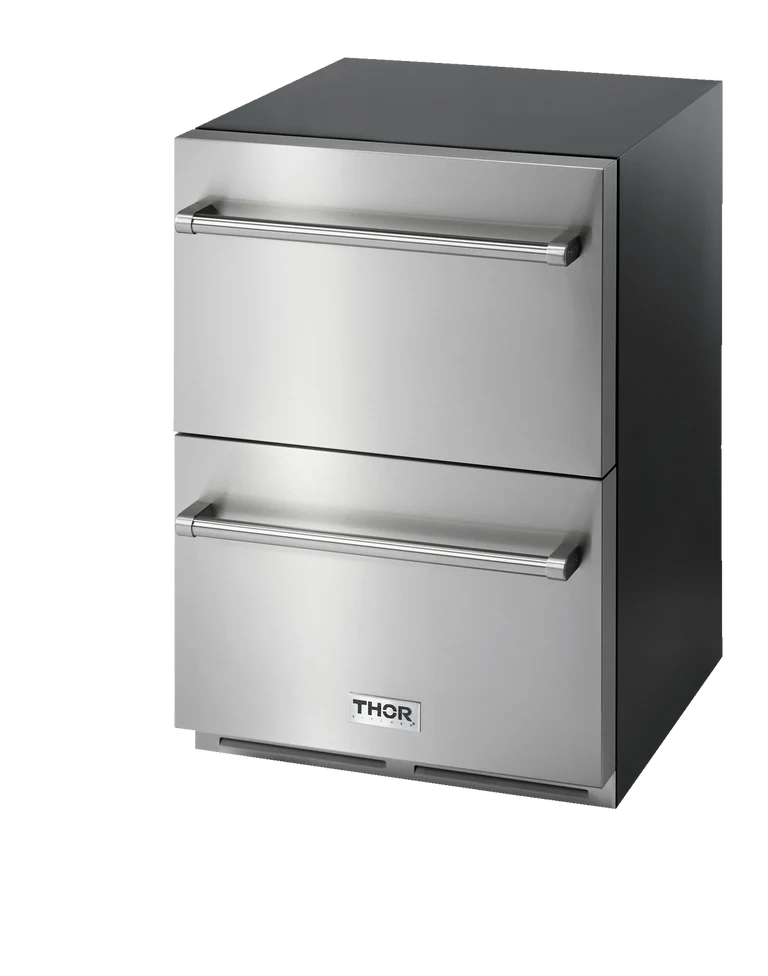 THOR Refrigerator Drawer 24-Inch TRF24U, built-in double drawer refrigerator with 5.4 cu. ft. capacity, stainless steel finish, indoor and outdoor use, soft-close drawers, closed side view