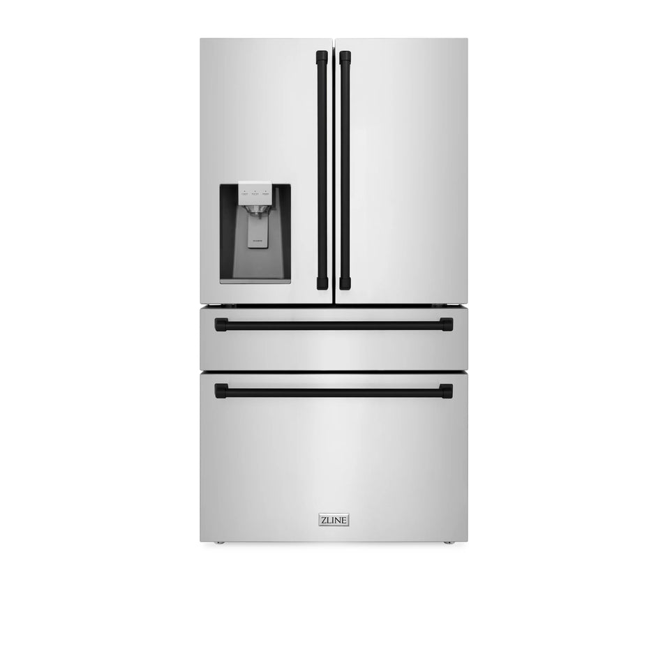 ZLINE 36 In. Autograph Refrigerator with Water and Ice Dispenser in Fingerprint Resistant Stainless Steel with Matte Black Accents, RFMZ-W-36-MB