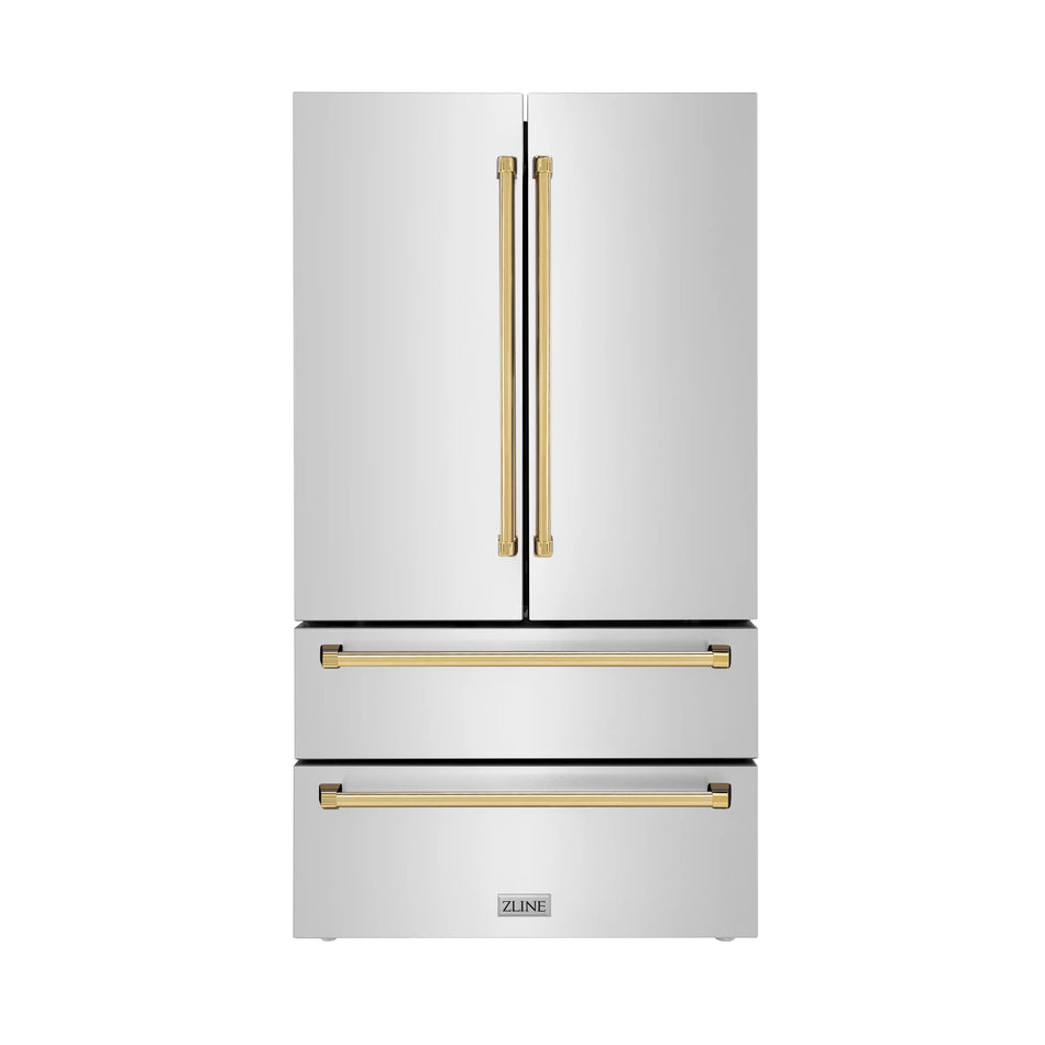 ZLINE 36 In. Autograph 22.5 cu. ft. Refrigerator with Ice Maker in Fingerprint Resistant Stainless Steel and Gold Accents, RFMZ-36-G