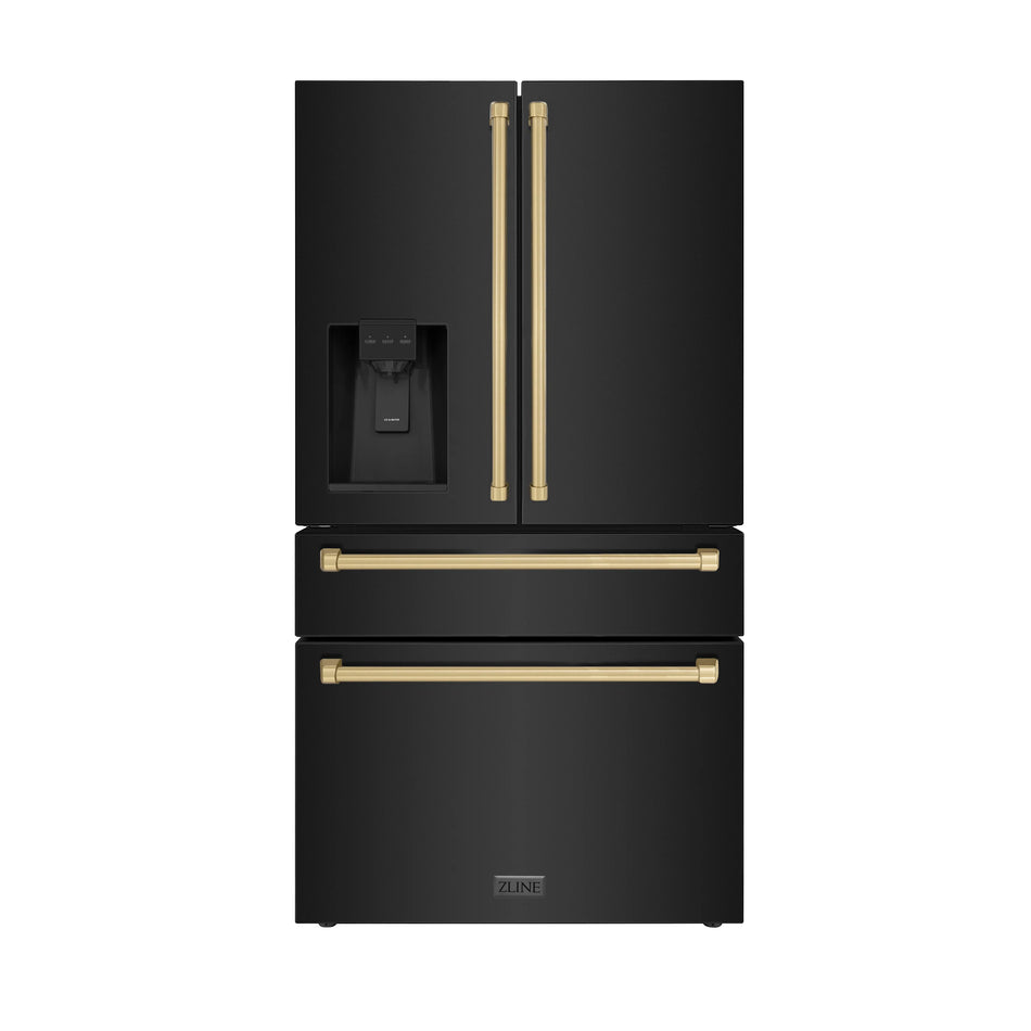 ZLINE 36 In. Autograph Refrigerator with Water and Ice Dispenser in Black with Champagne Bronze Handles, RFMZ-W-36-BS-CB