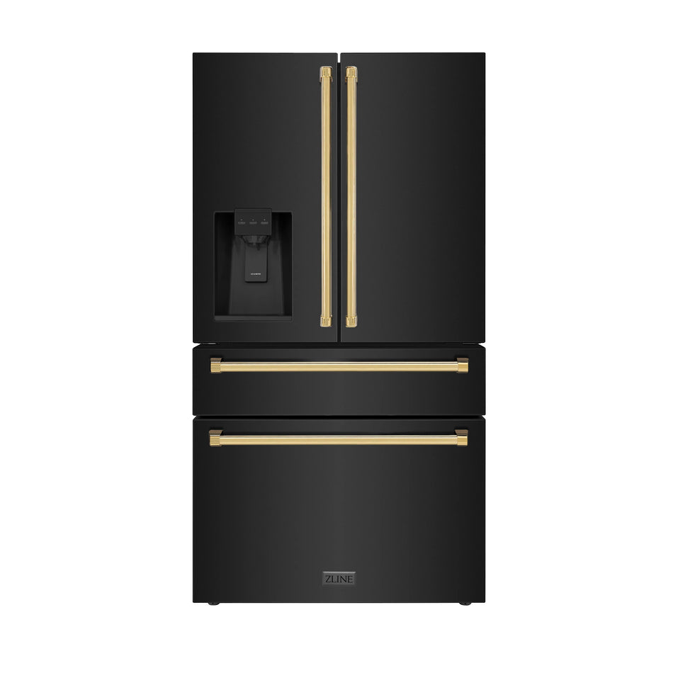 ZLINE 36 In. Autograph Refrigerator with Water and Ice Dispenser in Black with Gold Handles, RFMZ-W-36-BS-G