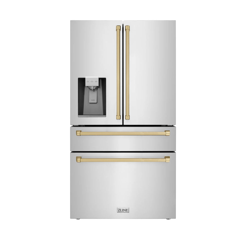 ZLINE 36 In. Autograph Refrigerator with Water and Ice Dispenser in Fingerprint Resistant Stainless Steel with Champagne Bronze Accents, RFMZ-W-36-CB