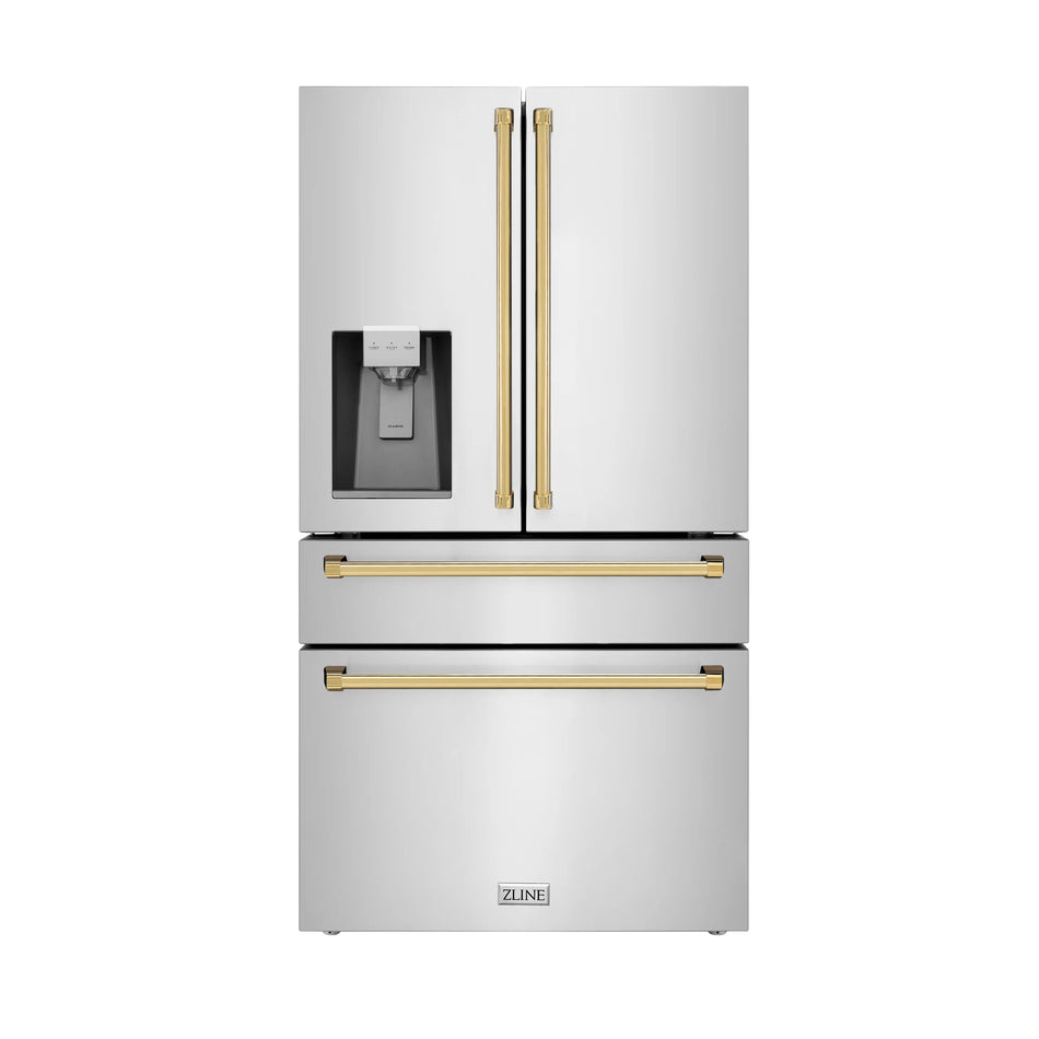 ZLINE 36 In. Autograph French Door Refrigerator with Water and Ice Dispenser in Fingerprint Resistant Stainless Steel with Gold Accents, RFMZ-W-36-G