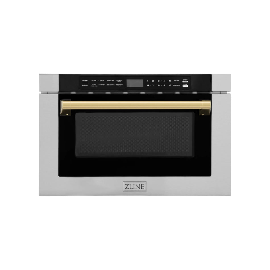 ZLINE Autograph Edition 24" 1.2 cu. ft. Built-in Microwave Drawer with a Traditional Handle in Stainless Steel and Gold Accents, MWDZ-1-H-G