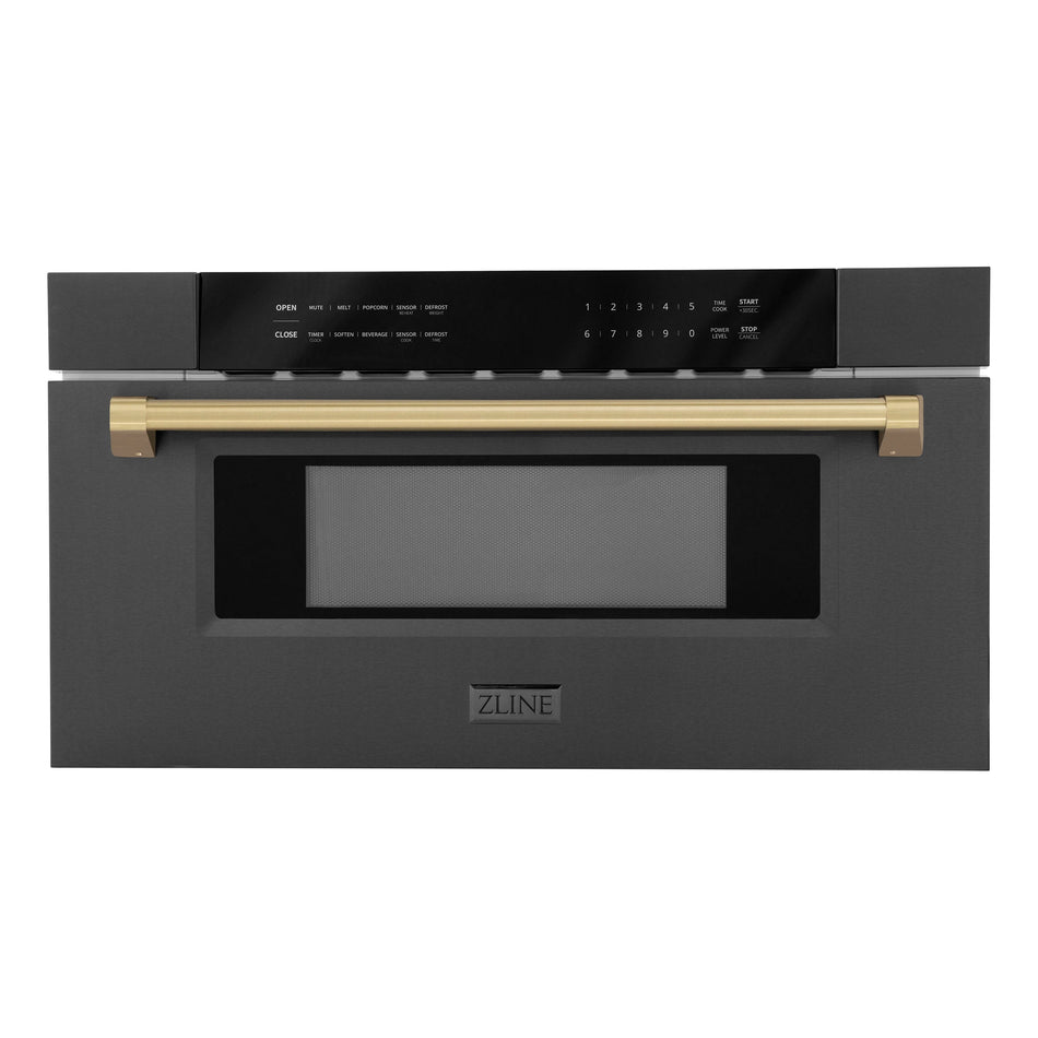 ZLINE Autograph 30 In. 1.2 cu. ft. Built-In Microwave Drawer In Black Stainless Steel with Champagne Bronze Accents, MWDZ-30-BS-CB