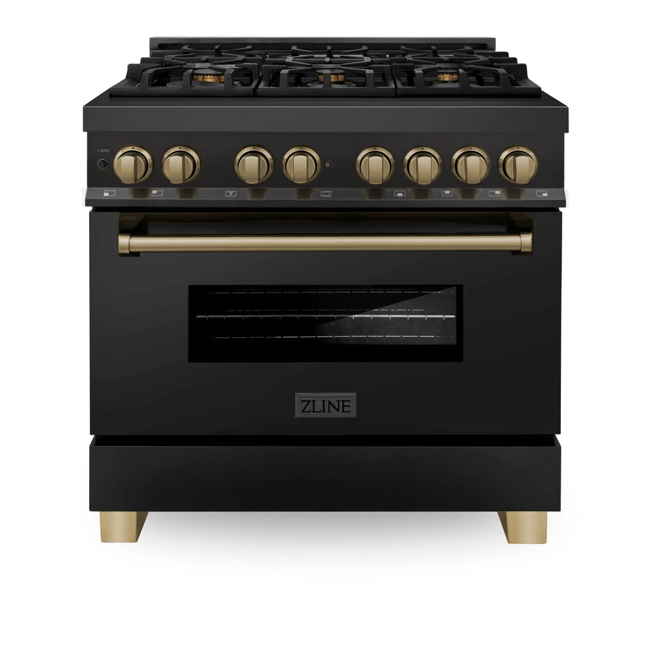 ZLINE Autograph 36" 4.6 cu. ft. Dual Fuel Range in Black Stainless Steel with Bronze Accents, RABZ-36-CB