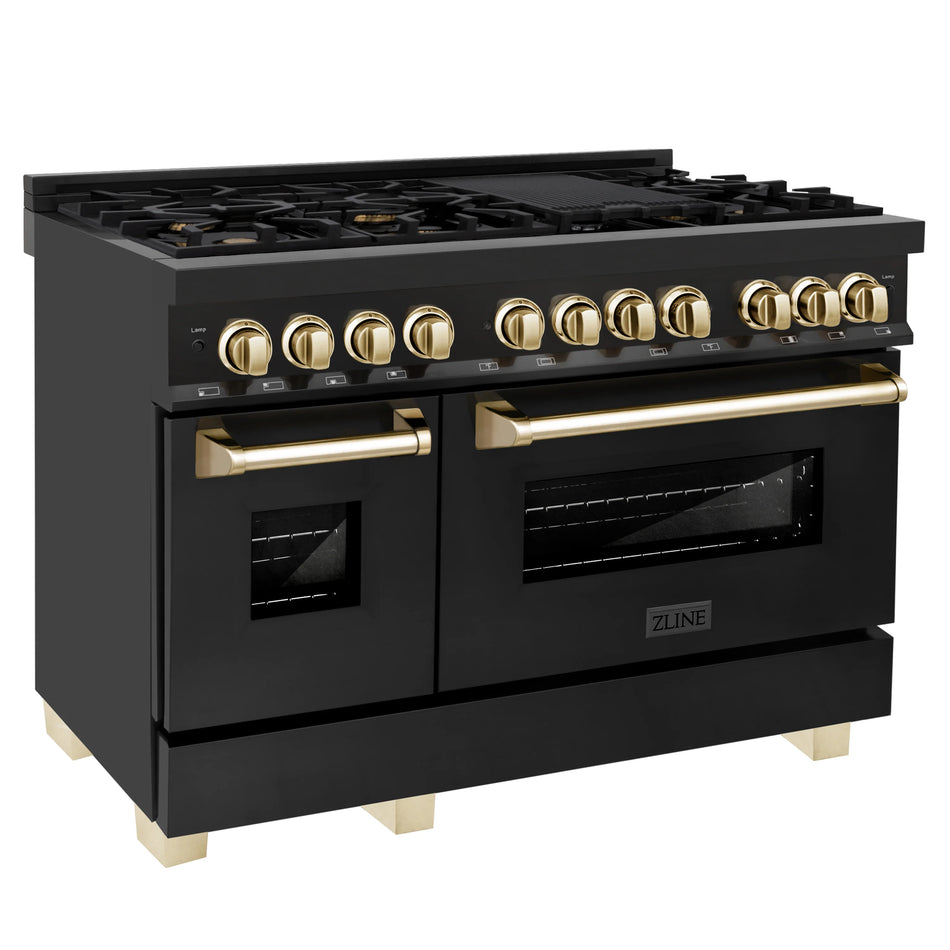 ZLINE Autograph 48 in. Gas Burner/Electric Oven Range in Black Stainless Steel and Gold Accents, RABZ-48-G