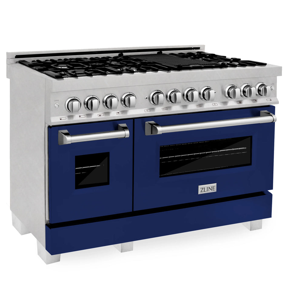 ZLINE 48 in. Professional Gas Burner/Electric Oven DuraSnow® Stainless 6.0 cu.ft. 7 Range with Blue Gloss Door, RAS-BG-48