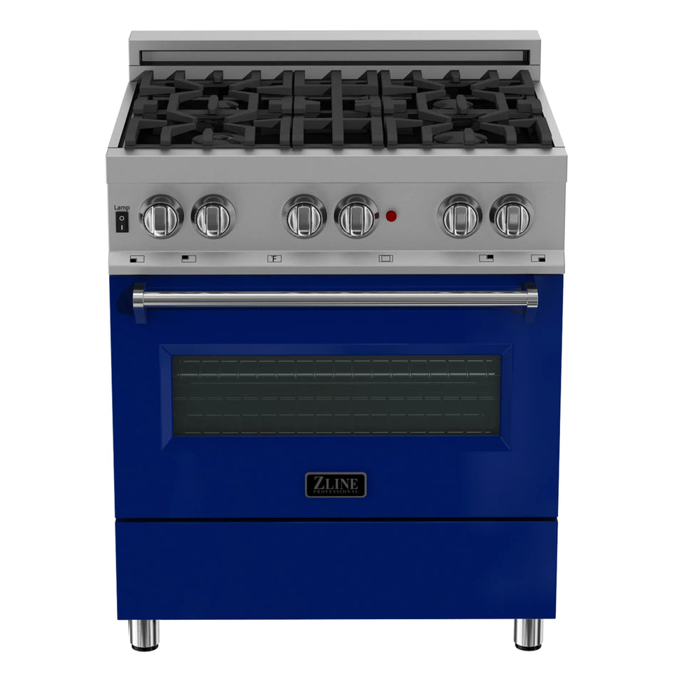 ZLINE 30 in. Professional Gas Burner/Electric Oven in DuraSnow® Stainless with Blue Gloss Door, RAS-BG-30