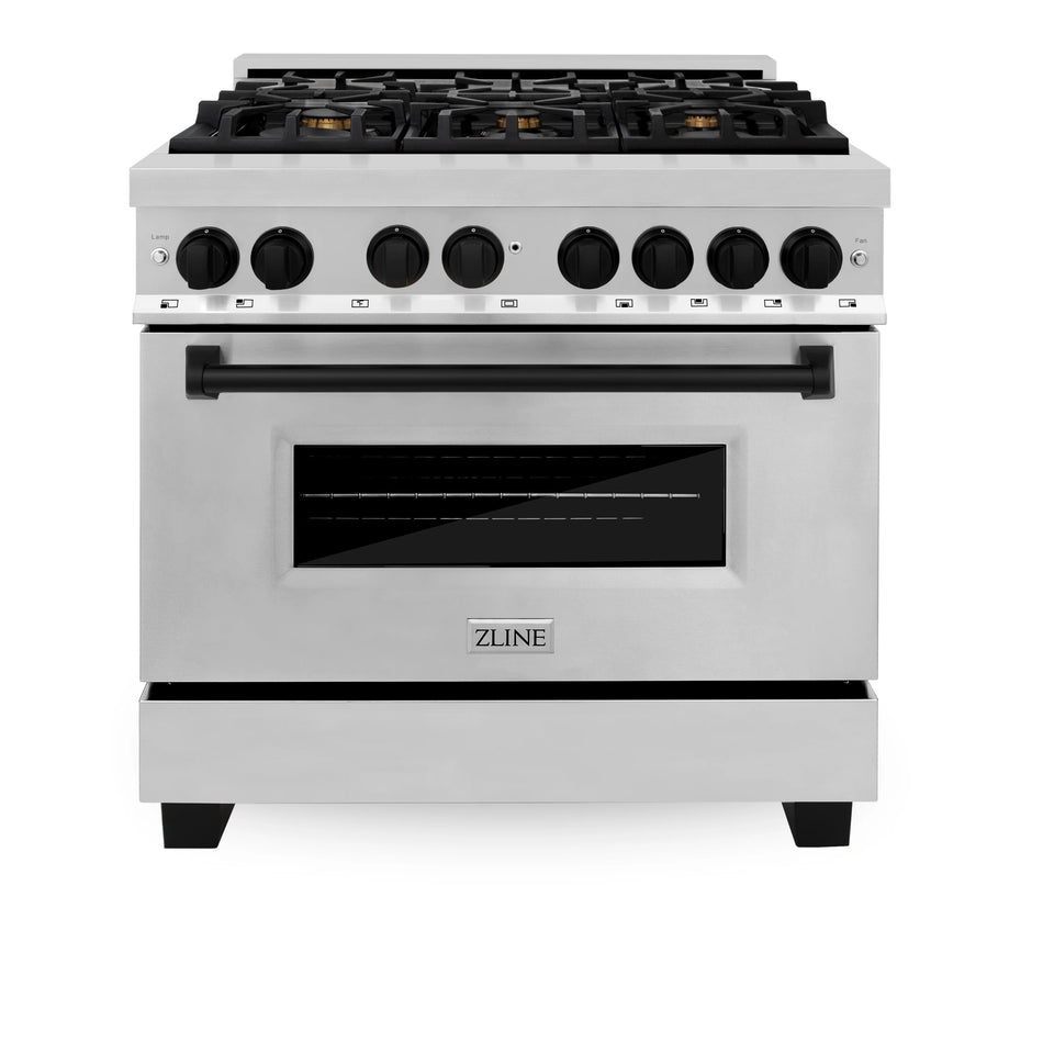 ZLINE Autograph Edition 36 in. 4.6 cu. ft. Dual Fuel Range with Gas Stove and Electric Oven in Stainless Steel with Matte Black Accents, RAZ-36-MB