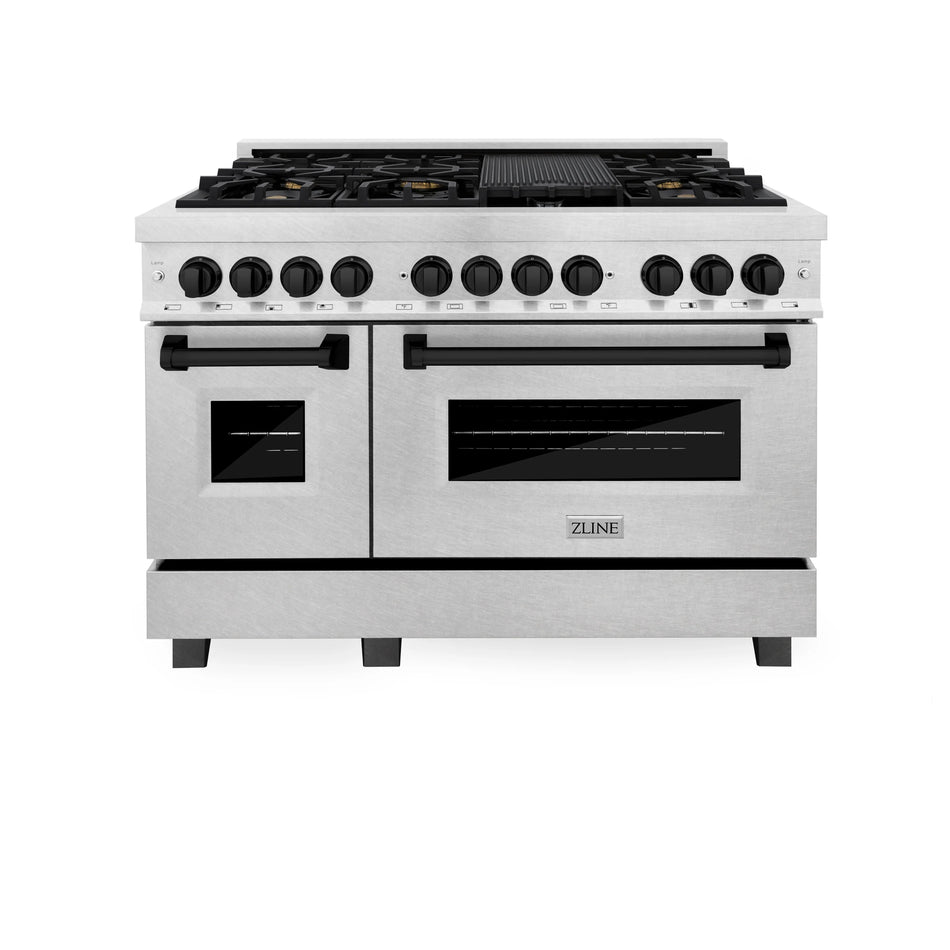 ZLINE Autograph 48 in. Gas Burner/Electric Oven in DuraSnow® Stainless Steel with Matte Black Accents, RASZ-SN-48-MB