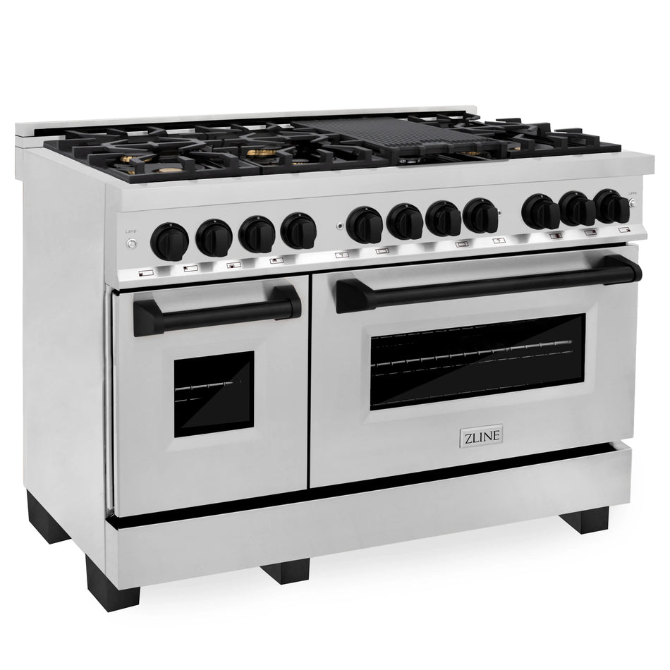 ZLINE Autograph Edition 48 in. 6.0 cu. ft. Dual Fuel Range with Gas Stove and Electric Oven in Stainless Steel with Matte Black Accents, RAZ-48-MB