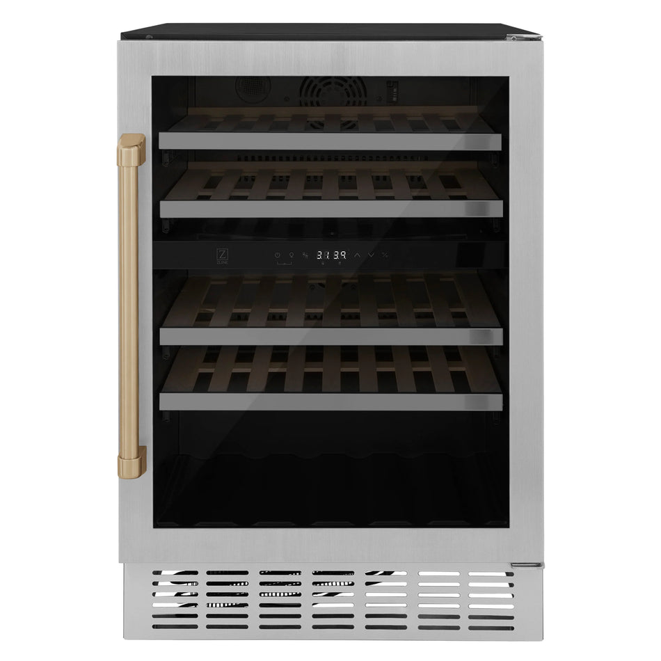 ZLINE 24" Monument Autograph Edition Dual Zone 44-Bottle Wine Cooler in Stainless Steel with Champagne Bronze Accents